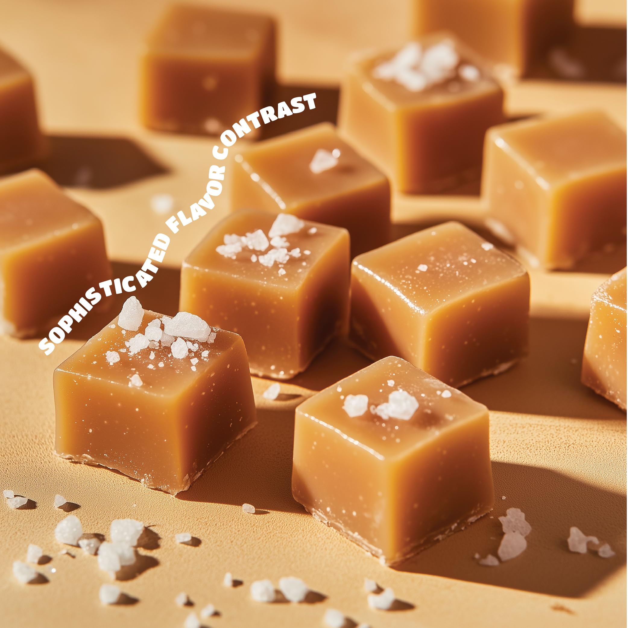 CRAZYOUTLET sea salt caramel cubes closeup reveals rich texture and color.