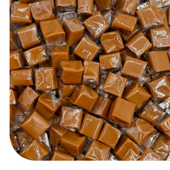 CRAZYOUTLET sea salt caramel cubes packaging for bulk gifting and events.
