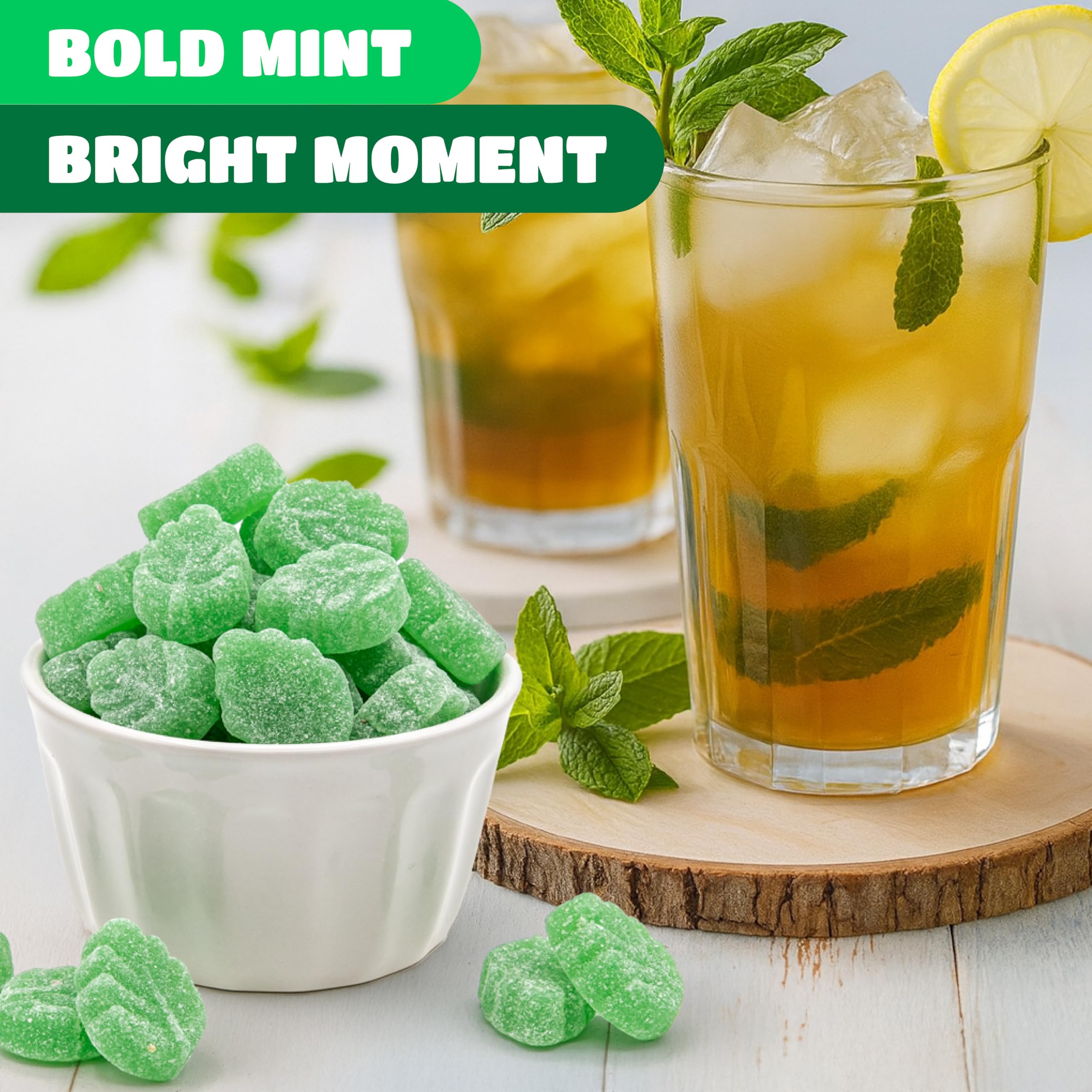 CRAZYOUTLET Spearmint Leaves Candy on dish – eye catching mint leaves for buffets.