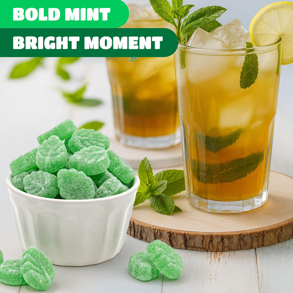 CRAZYOUTLET Spearmint Leaves Candy on dish – eye catching mint leaves for buffets.