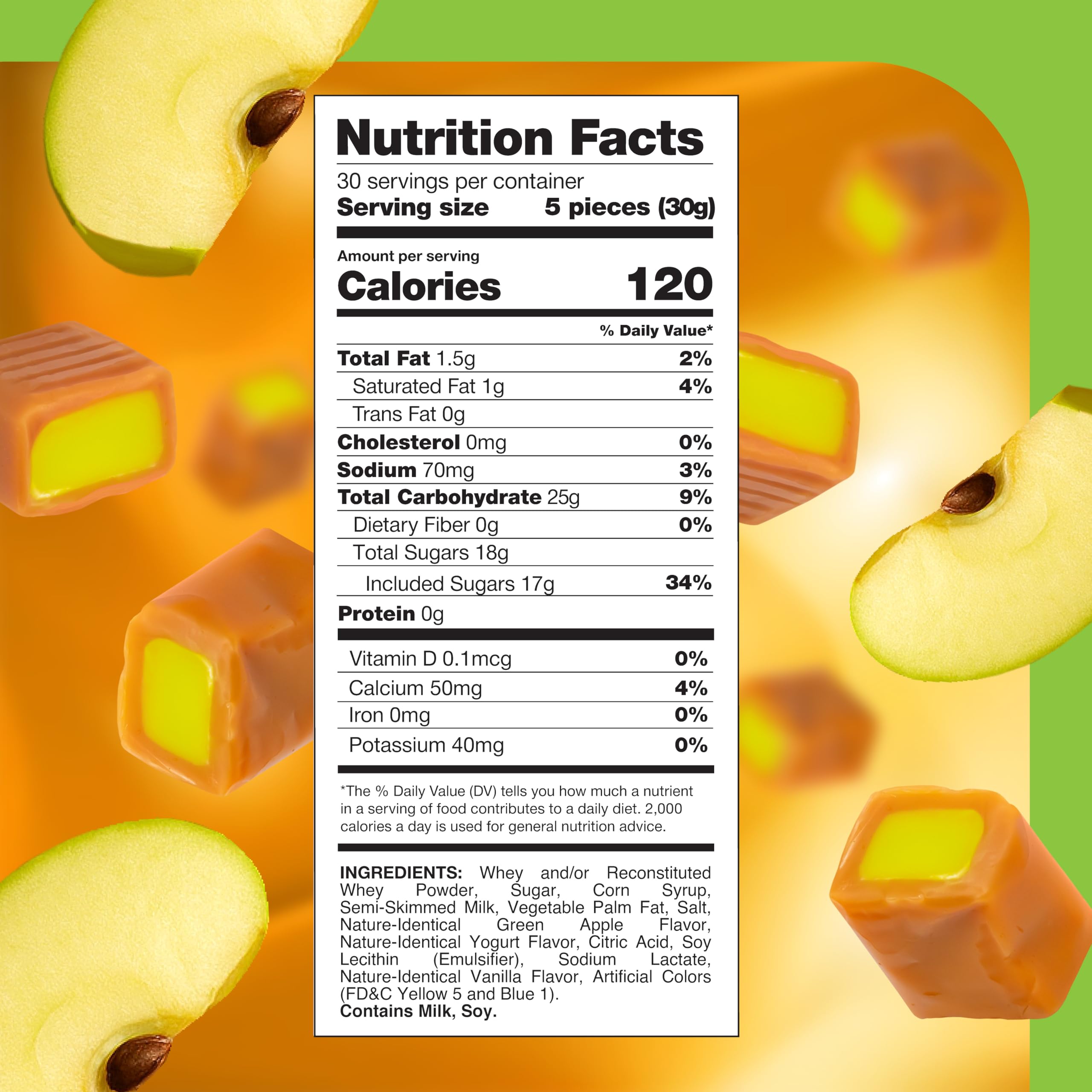 CrazyOutlet vanilla caramel cubes with green apple filling – close-up showing creamy texture.
