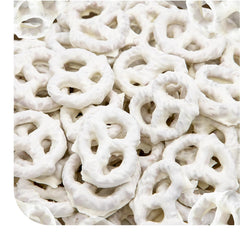 CRAZYOUTLET Yogurt Covered Pretzels close-up of creamy coating, ideal for office snacking.