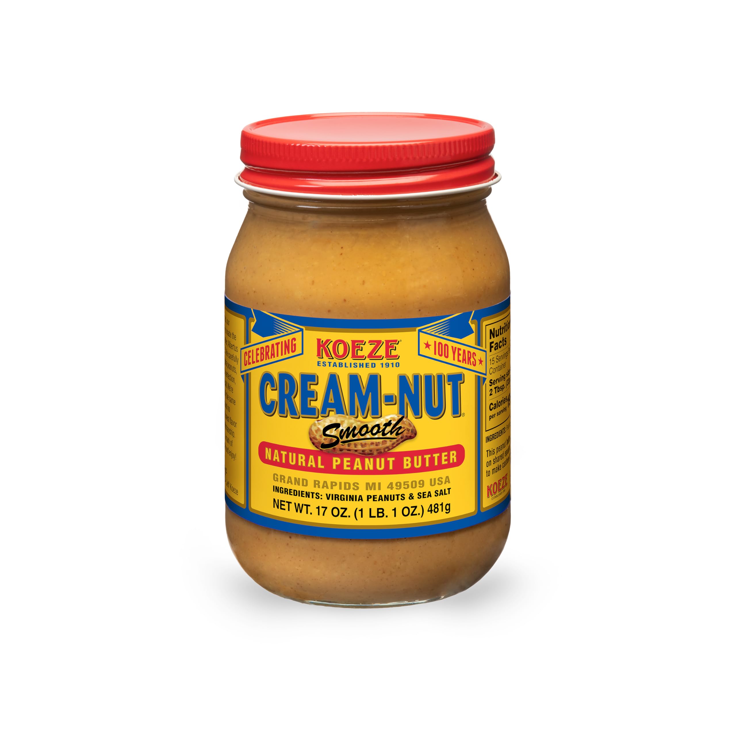 Cream Nut natural smooth peanut butter jar on a counter, ideal for quick breakfasts.
