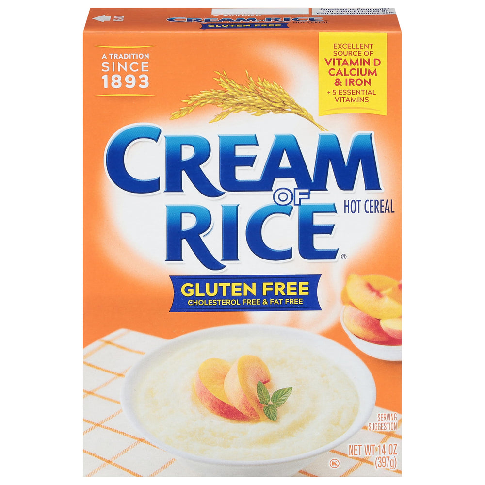Cream of Rice box front, gluten-free cereal for quick, comforting mornings.