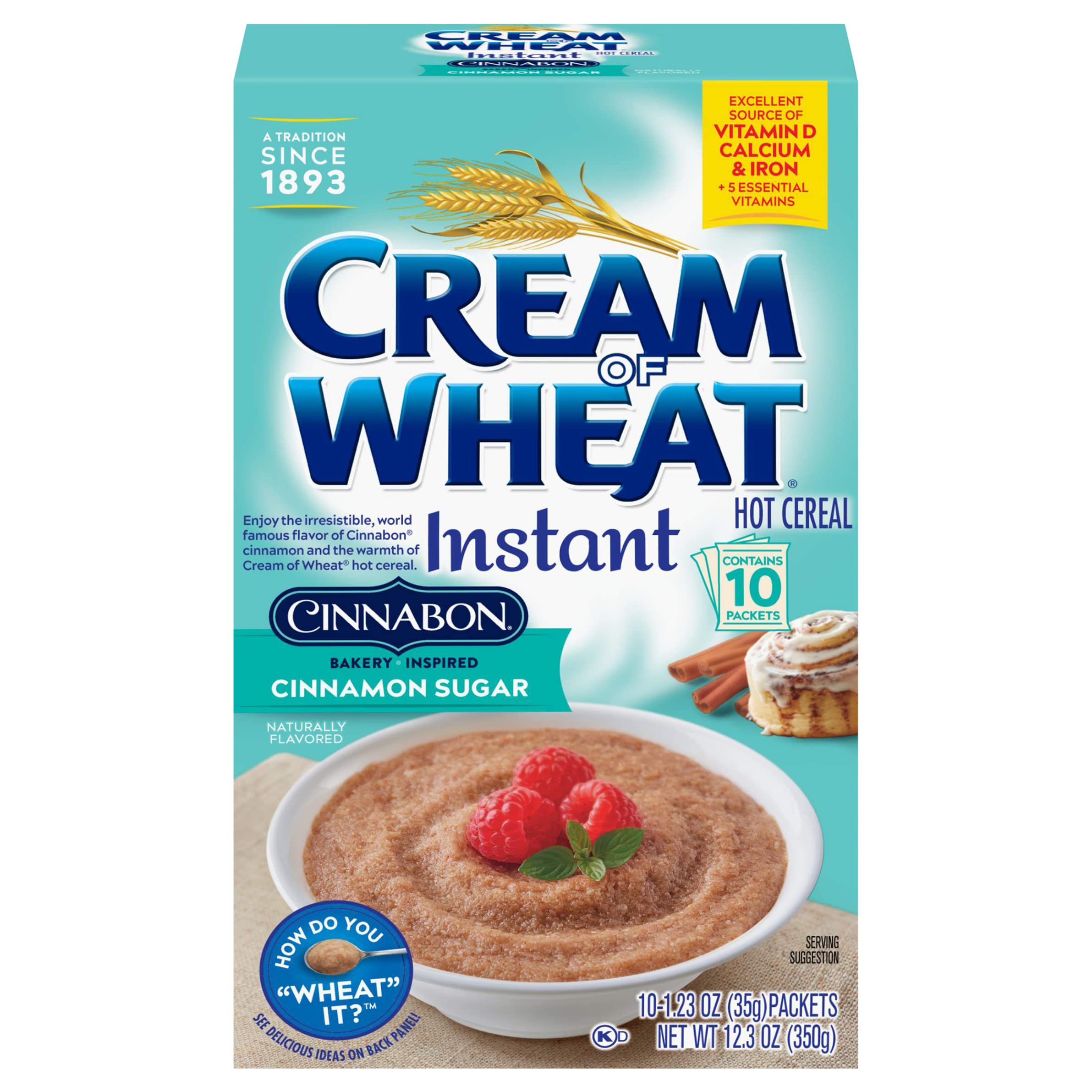 Cream of Wheat Cinnabon box front highlights easy single-serve packets for mornings.
