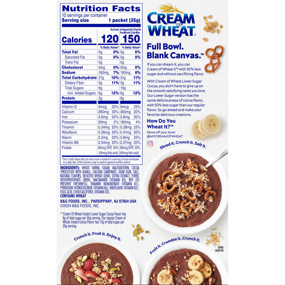 Cream of Wheat instant cocoa cereal highlighting 50 percent sugar reduction