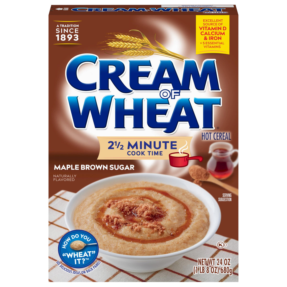 Cream of Wheat maple brown sugar cereal box front for a comforting breakfast.
