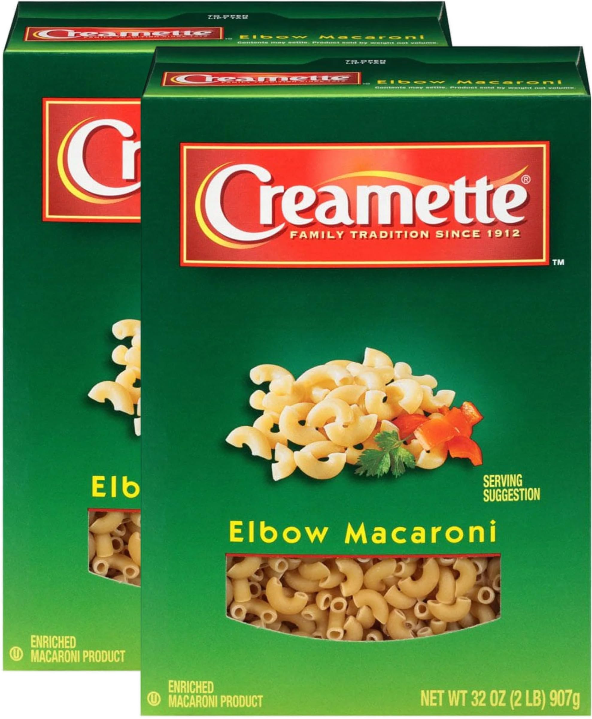 Creamette elbow macaroni pasta 16oz box front, classic family favorite ready for meals.