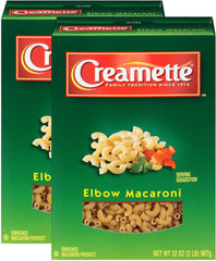 Creamette elbow macaroni pasta 16oz box front, classic family favorite ready for meals.