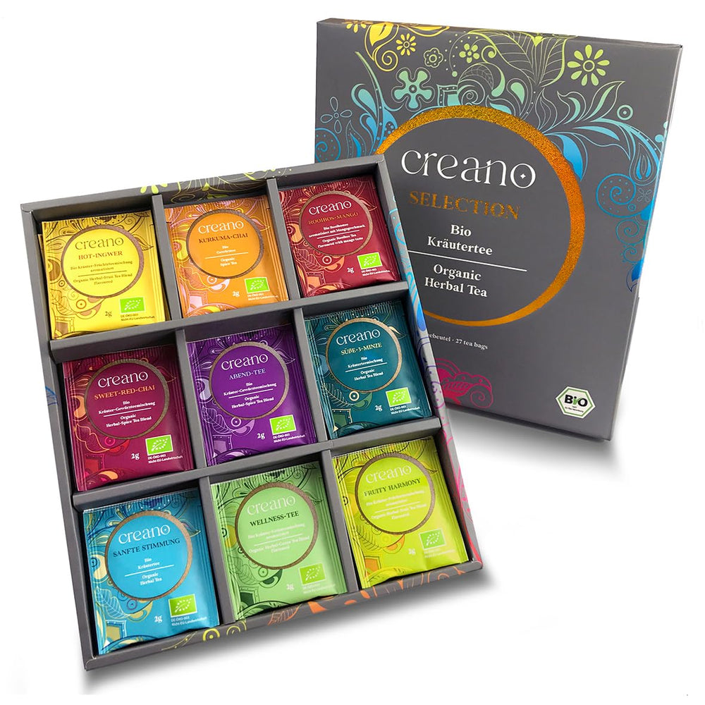 Creano Organic Herbal Tea Sampler Gift Box showcasing nine blends for gifting