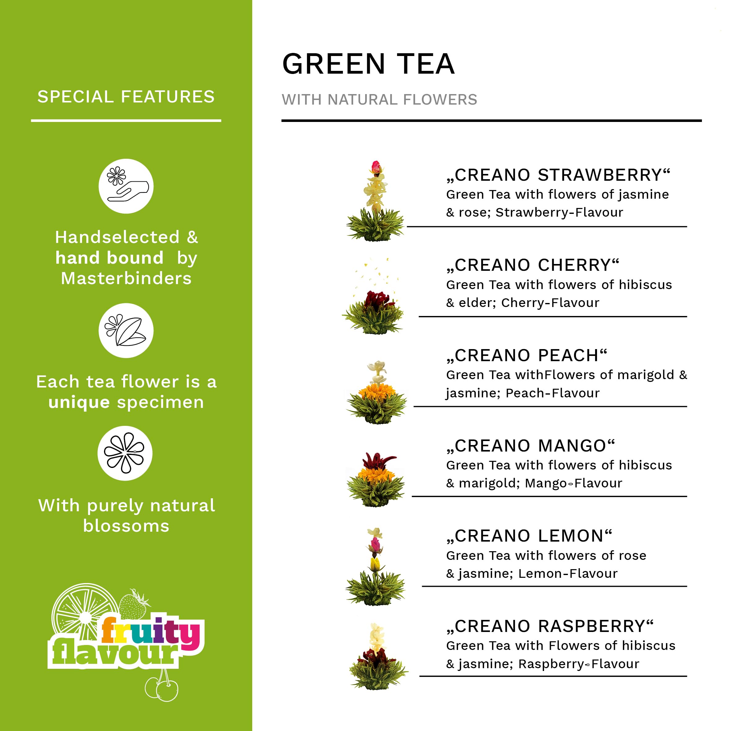 Creano six green tea flower varieties deliver a fragrant, subtle cup