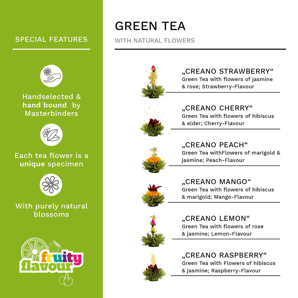 Creano six green tea flower varieties deliver a fragrant, subtle cup