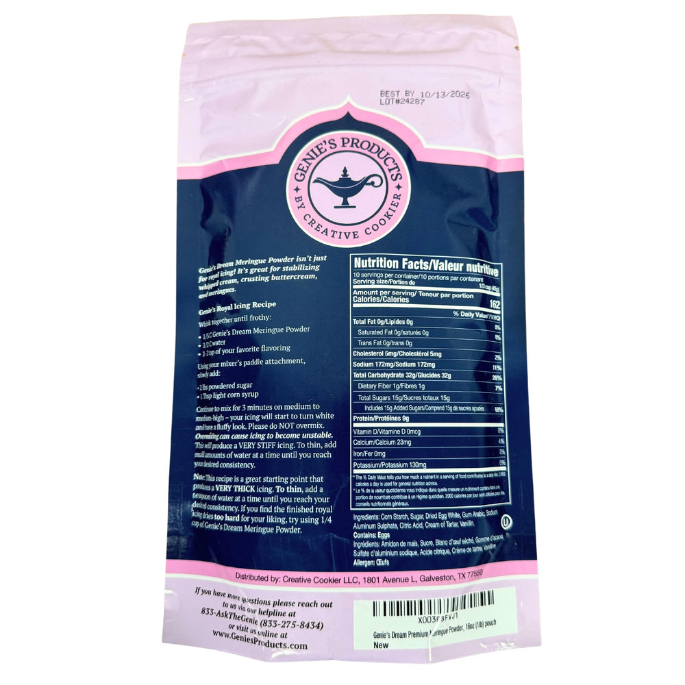 Creative Cookier Genie's Dream Meringue Powder label close-up for premium recipe results.