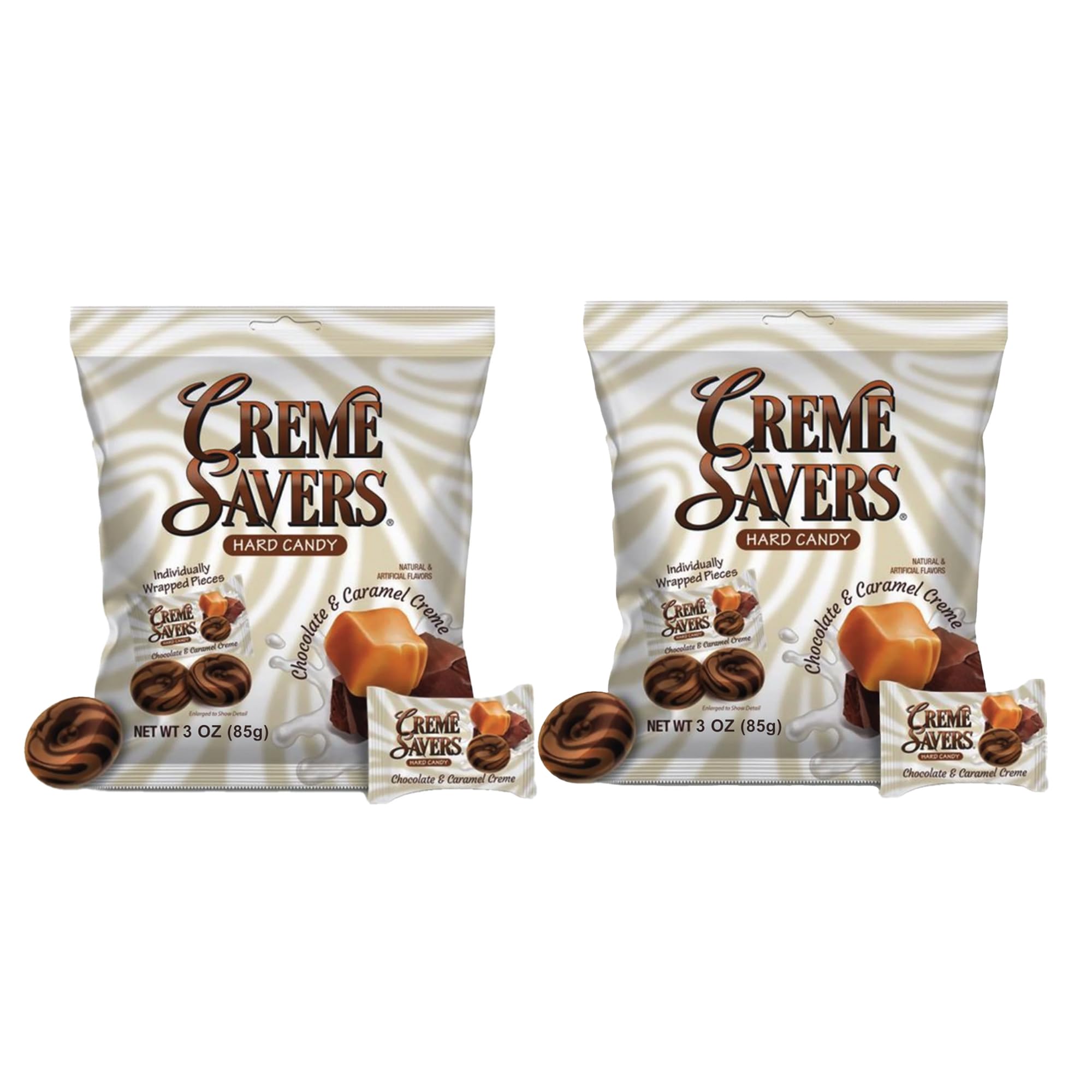 Creme Savers chocolate and caramel hard candy in a 3oz bag, perfect for a quick sweet break.