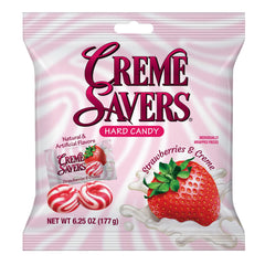 Crème Savers strawberries and creme candy close-up, creamy strawberry flavor perfect for a nostalgic treat.