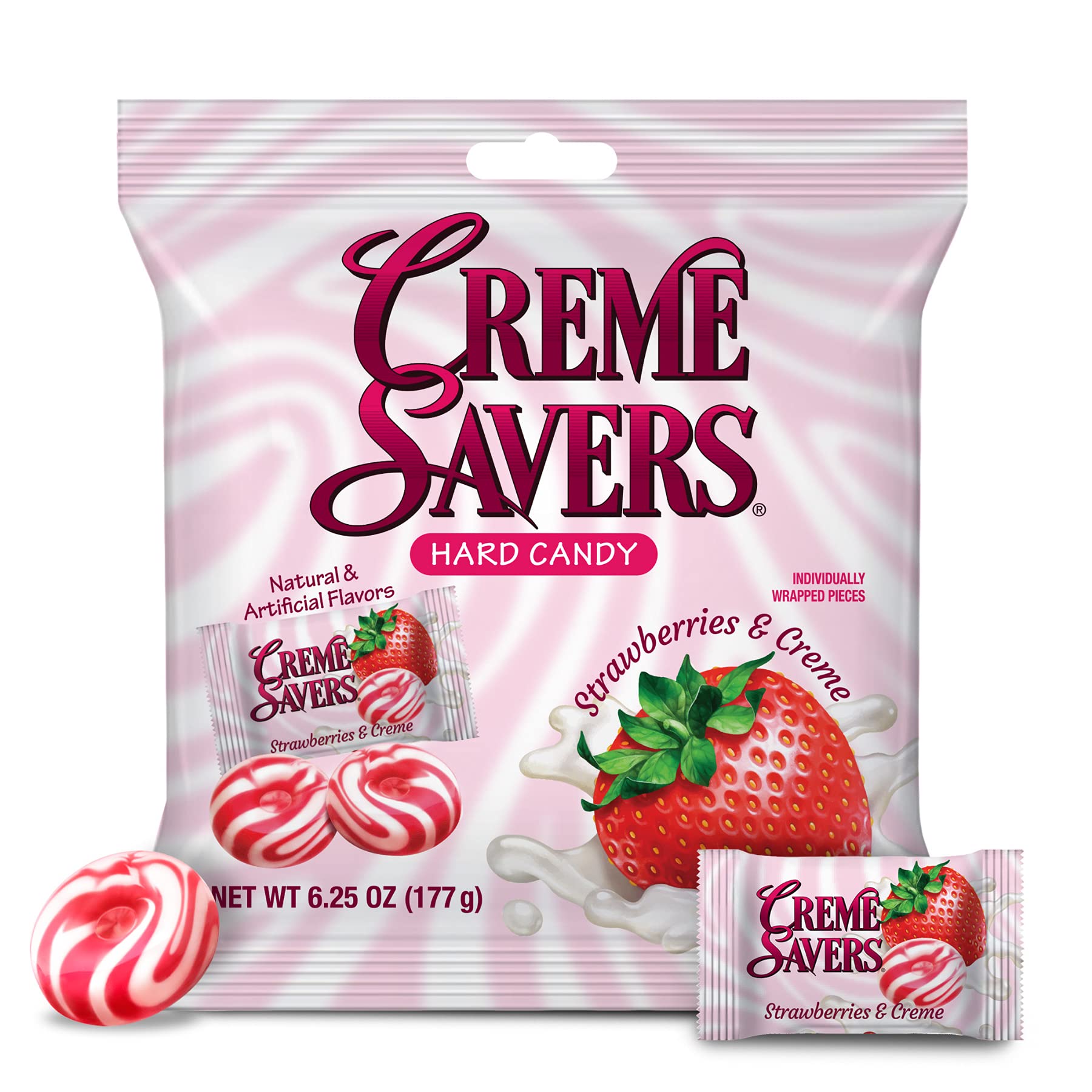Crème Savers candy close-up reveals melt-in-mouth texture and fresh strawberry cream swirl.