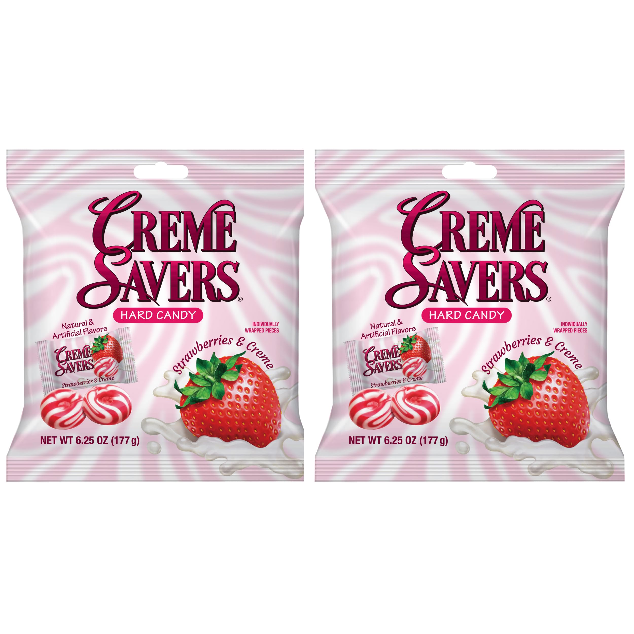 Crème Savers strawberry and creme hard candy bags front view, ideal for sharing.
