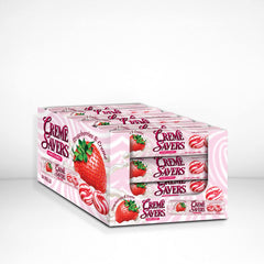 Crème Savers strawberry and creme hard candy box, ideal for sharing.