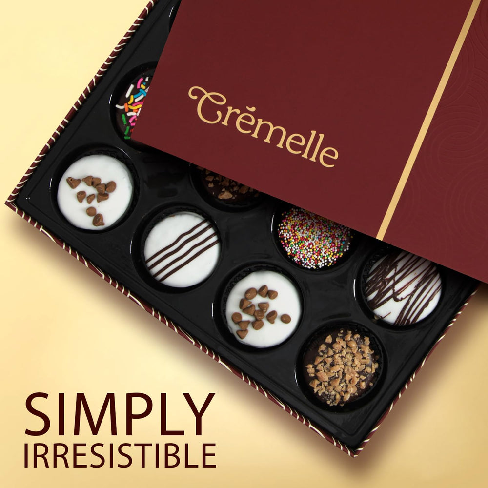 Cremelle buttery cookies with premium chocolate coatings for luxurious snacking.