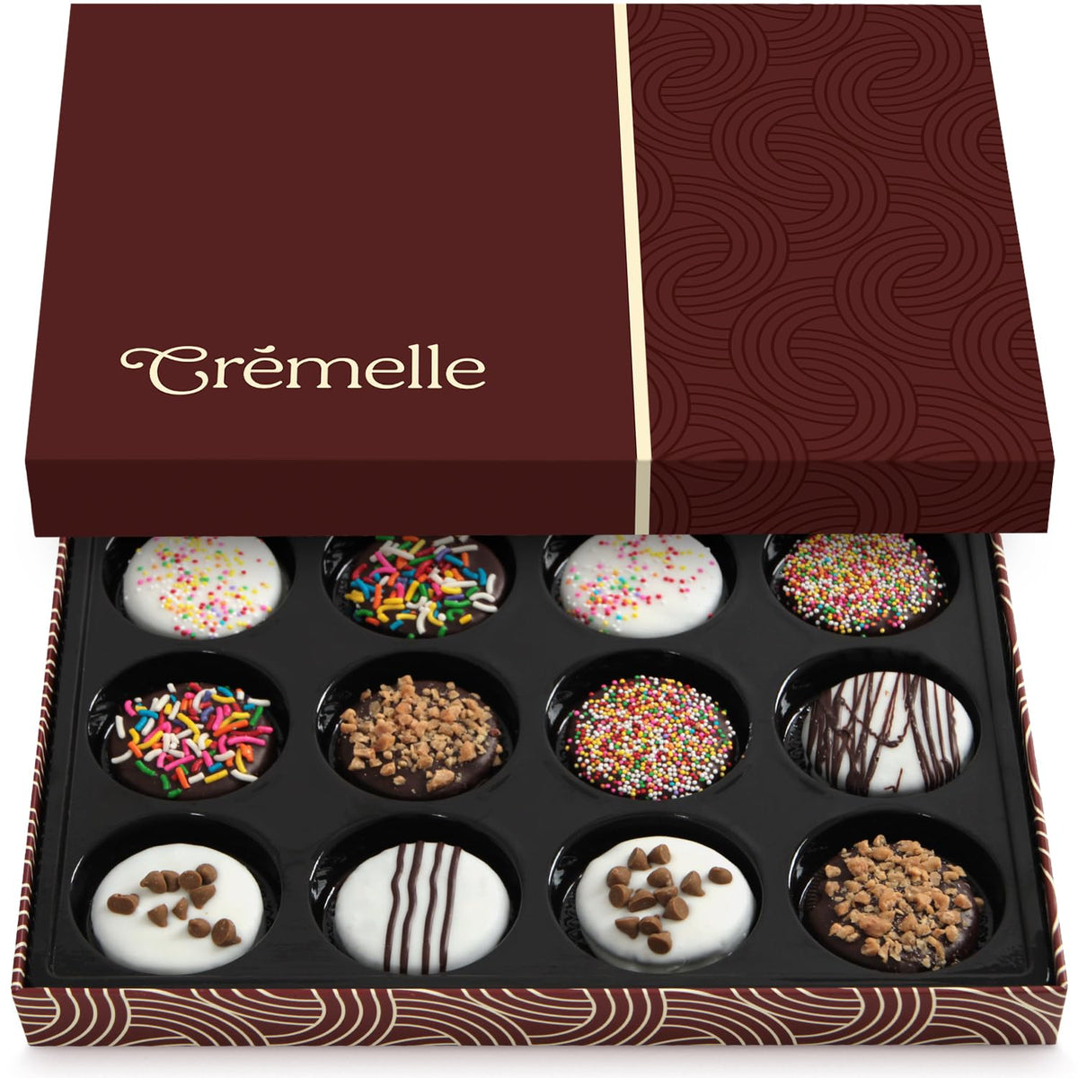 Cremelle gourmet cookies gift box with dark and white chocolate coatings for elegant gifting.