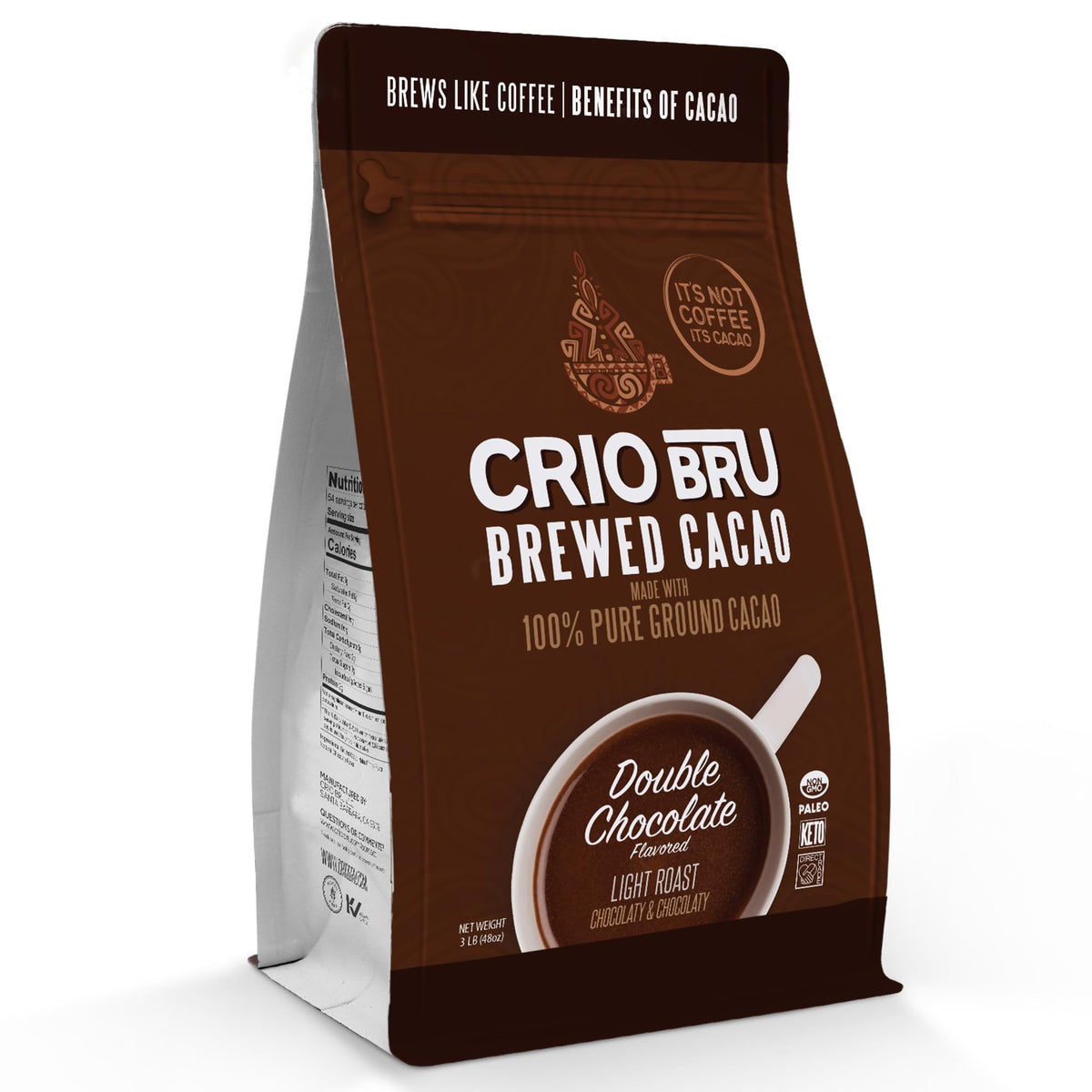 Crio Bru Brewed Cacao Double Chocolate Light Roast packaging highlights premium cacao blend for coffee alternatives.