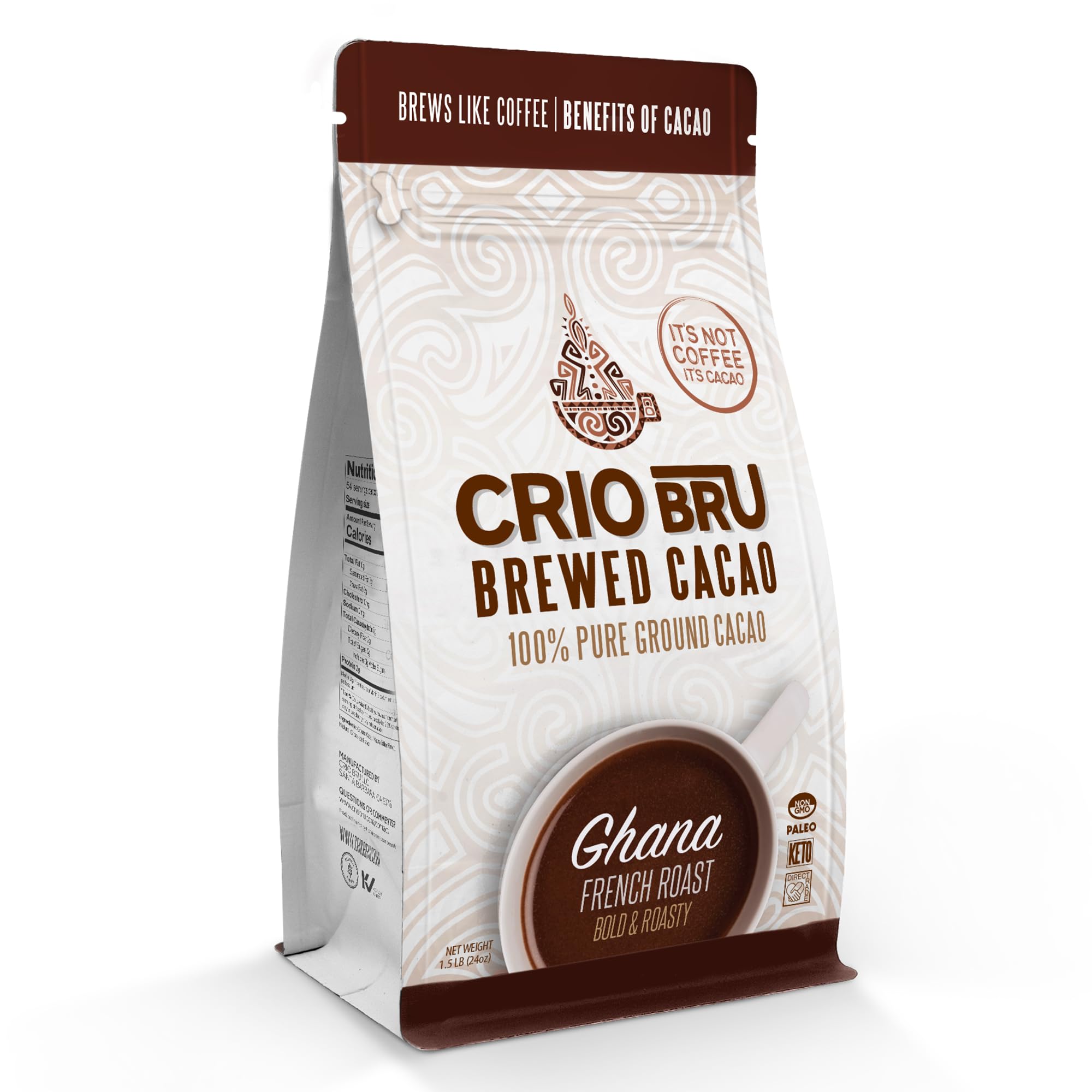 Crio Bru Brewed Cacao Ghana French Roast bag; convenient chocolate-flavored coffee alternative.