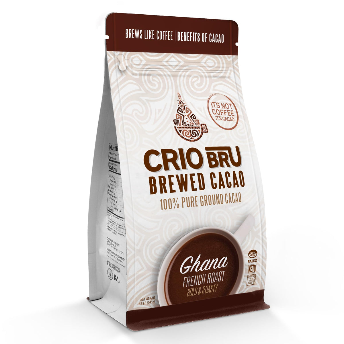 Crio Bru Brewed Cacao Ghana French Roast bag; convenient chocolate-flavored coffee alternative.