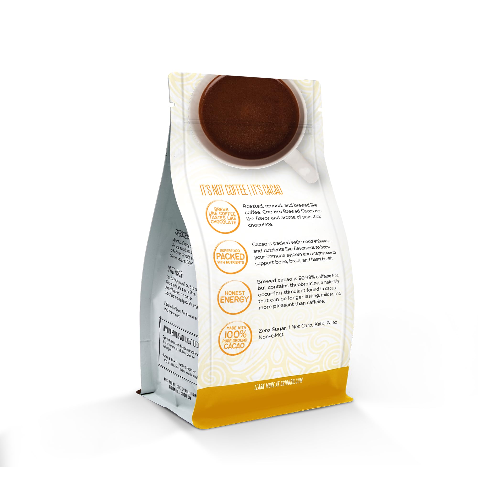 Crio Bru Brewed Cacao in a French press, strong chocolate aroma and smooth body.