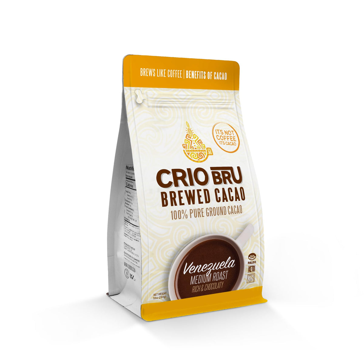 Crio Bru Brewed Cacao ground powder ready for brewing, chocolate-rich aroma.