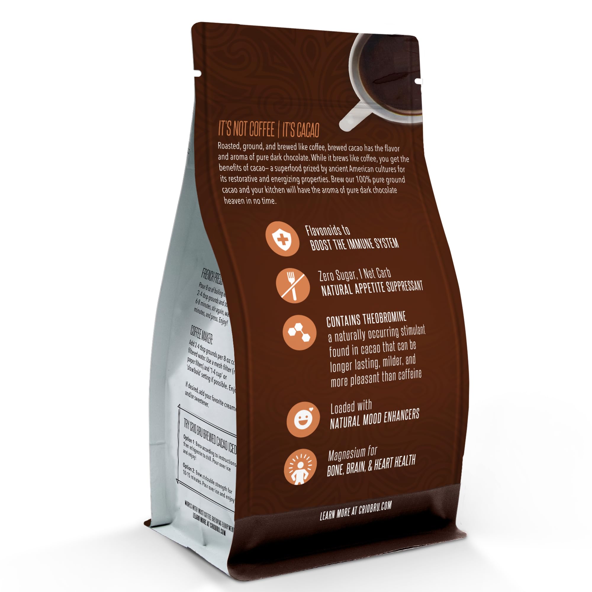 Crio Bru Ground cacao for brewing, ideal in a French press.