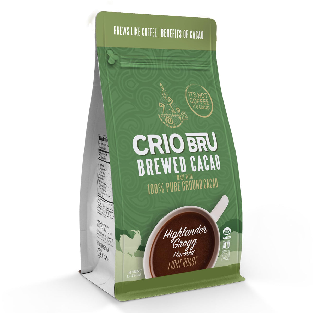Crio Bru Highlander Grogg cup highlighting rich hazelnut chocolate notes for a cozy caffeine substitute.