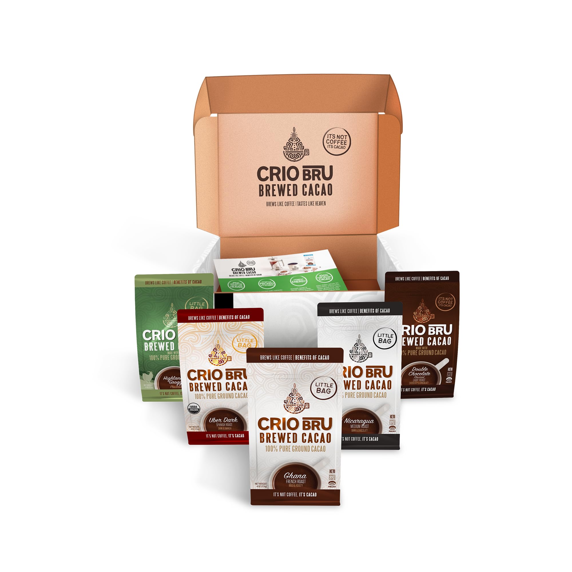 Crio Bru sampler packs showcase five varieties for versatile, beginner-friendly cacao brews.