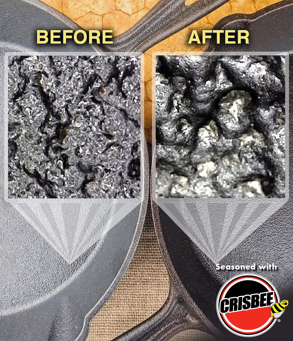 Crisbee Cream Iron seasoning on skillet in kitchen setup for ready-to-cook surface.