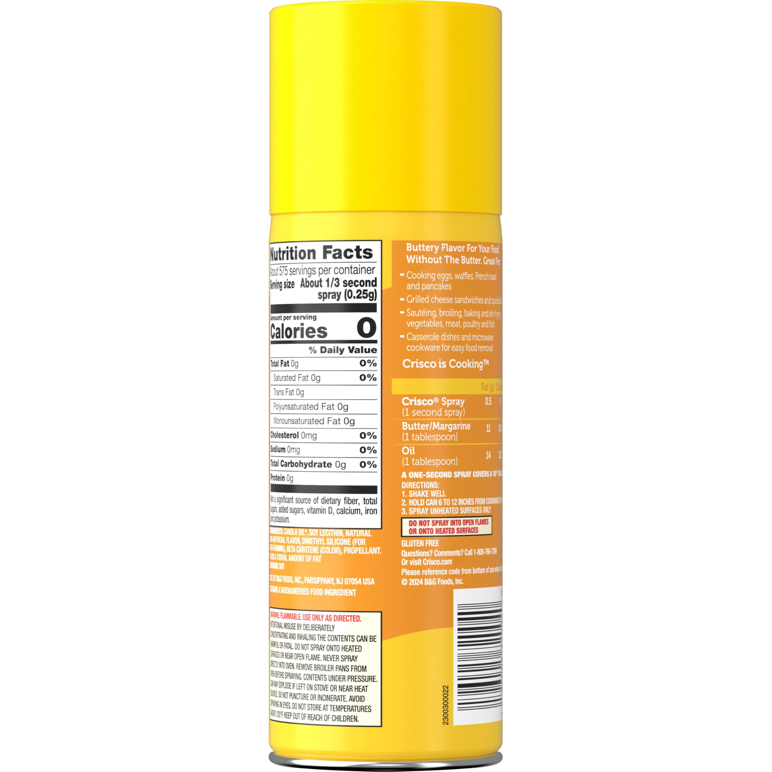 Crisco no-stick spray 6oz can offers light, even coverage for pan frying.