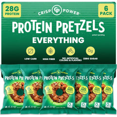 CRISP POWER Everything Protein Pretzels pack front shows a convenient high-protein snack.