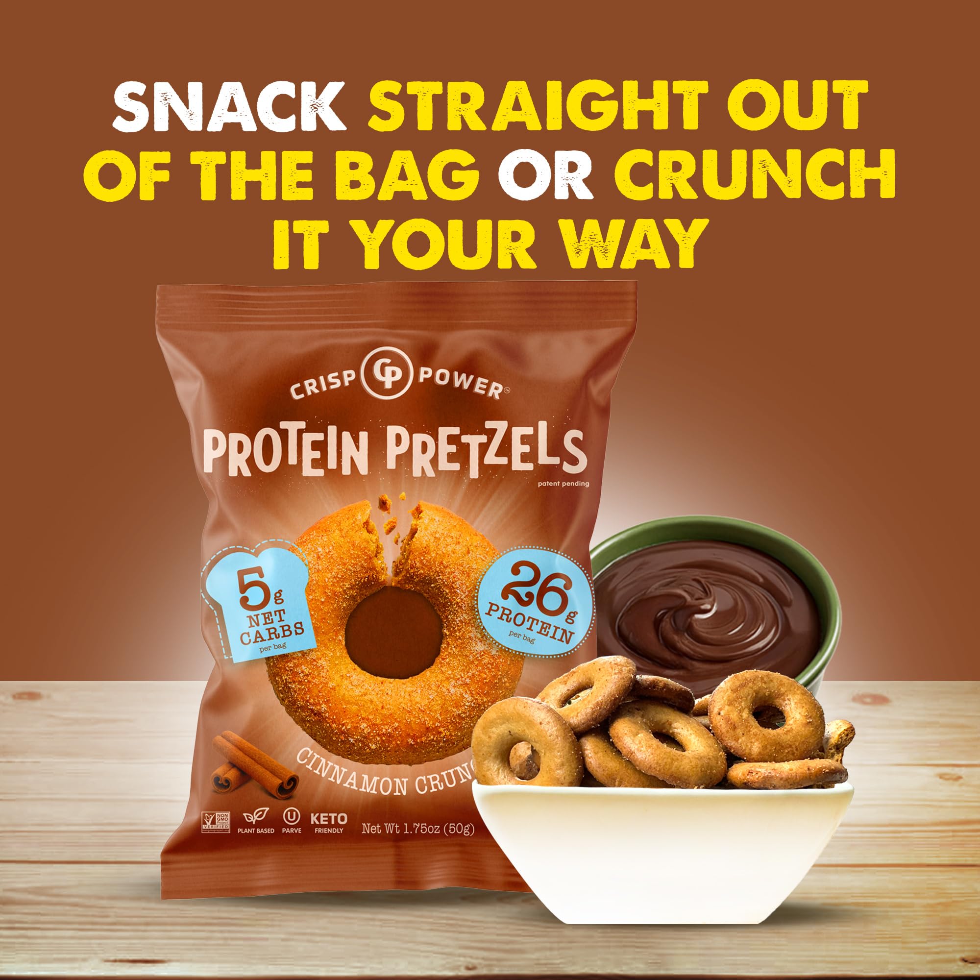 Keto-friendly visual cue for CRISP POWER Cinnamon Crunch snack