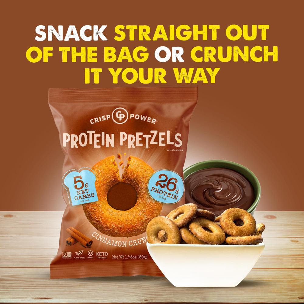 Keto-friendly visual cue for CRISP POWER Cinnamon Crunch snack