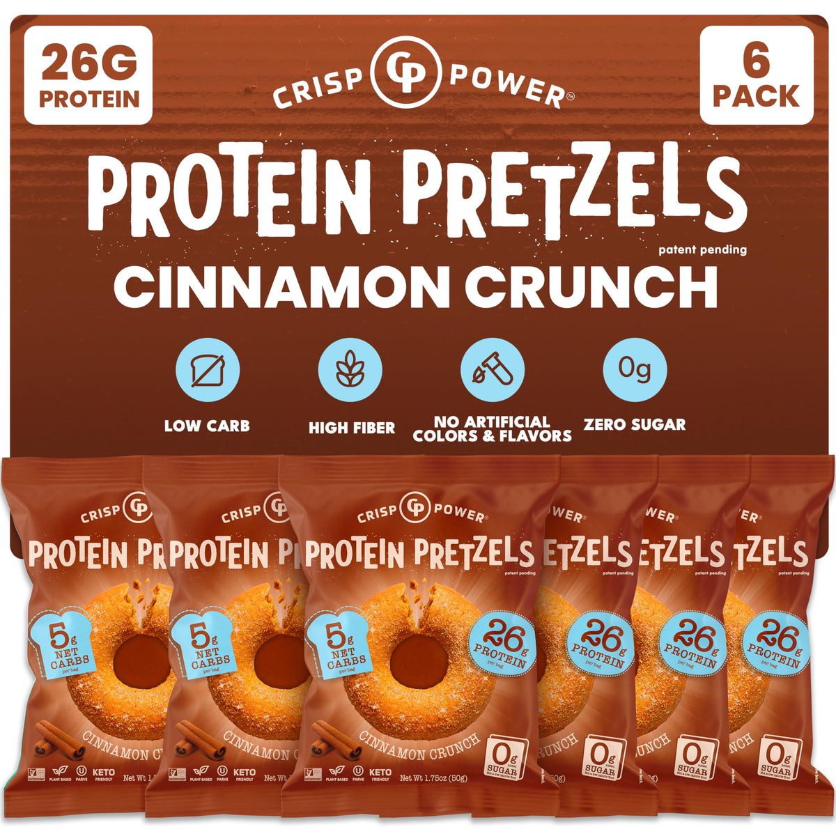 CRISP POWER Protein Pretzels Cinnamon Crunch packaging highlights bold flavor and protein