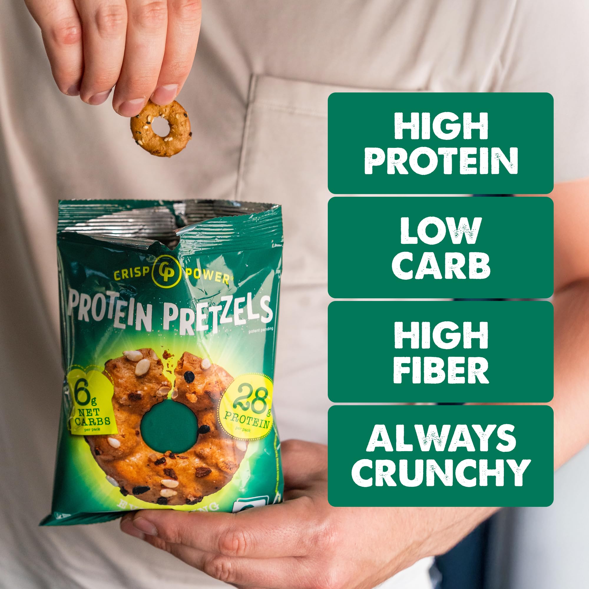 CRISP POWER Protein Pretzels Crunch close-up highlights the crisp texture