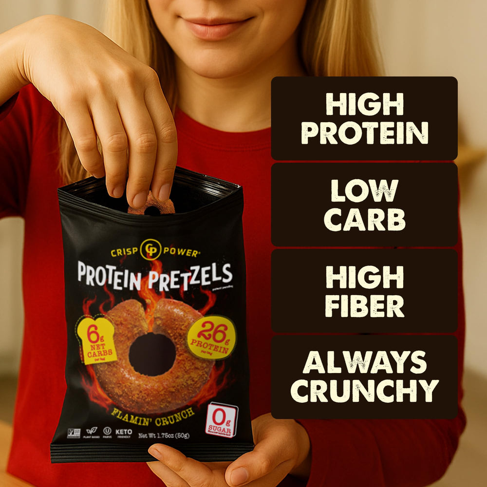 CRISP POWER Protein Pretzels Flamin' Crunch pack highlighting spicy flavor and protein