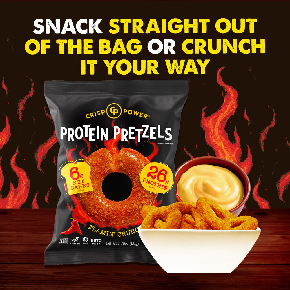 CRISP POWER Protein Pretzels six-pack display for easy stocking