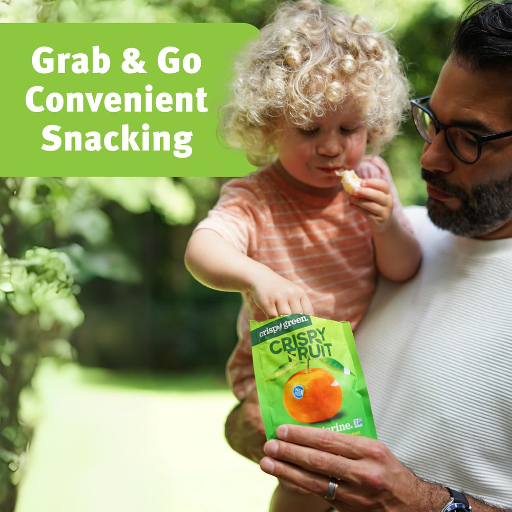 Crispy Green all-natural no-added-sugar label on tangerine crisps.