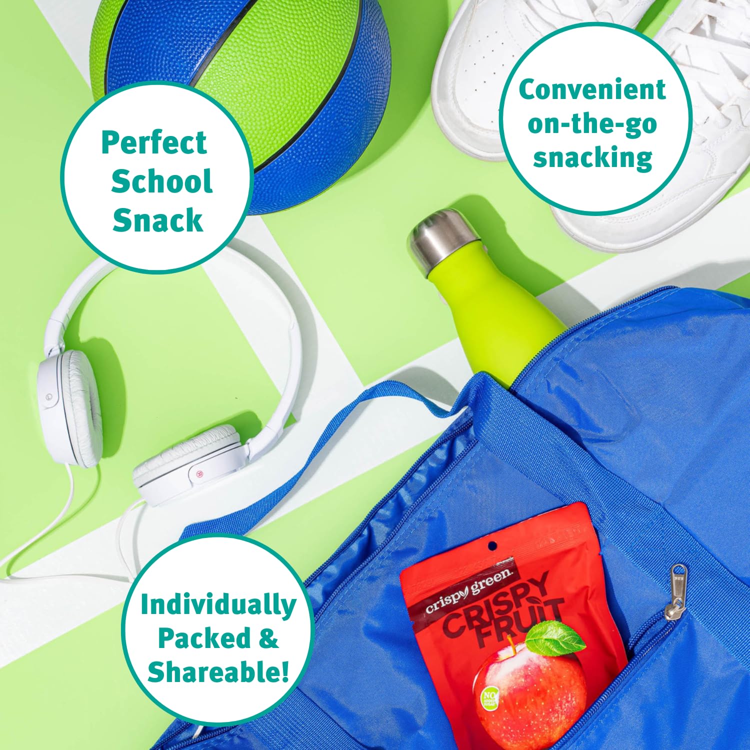 Crispy Green freeze-dried apple snack in a lunch box for portable snacking.