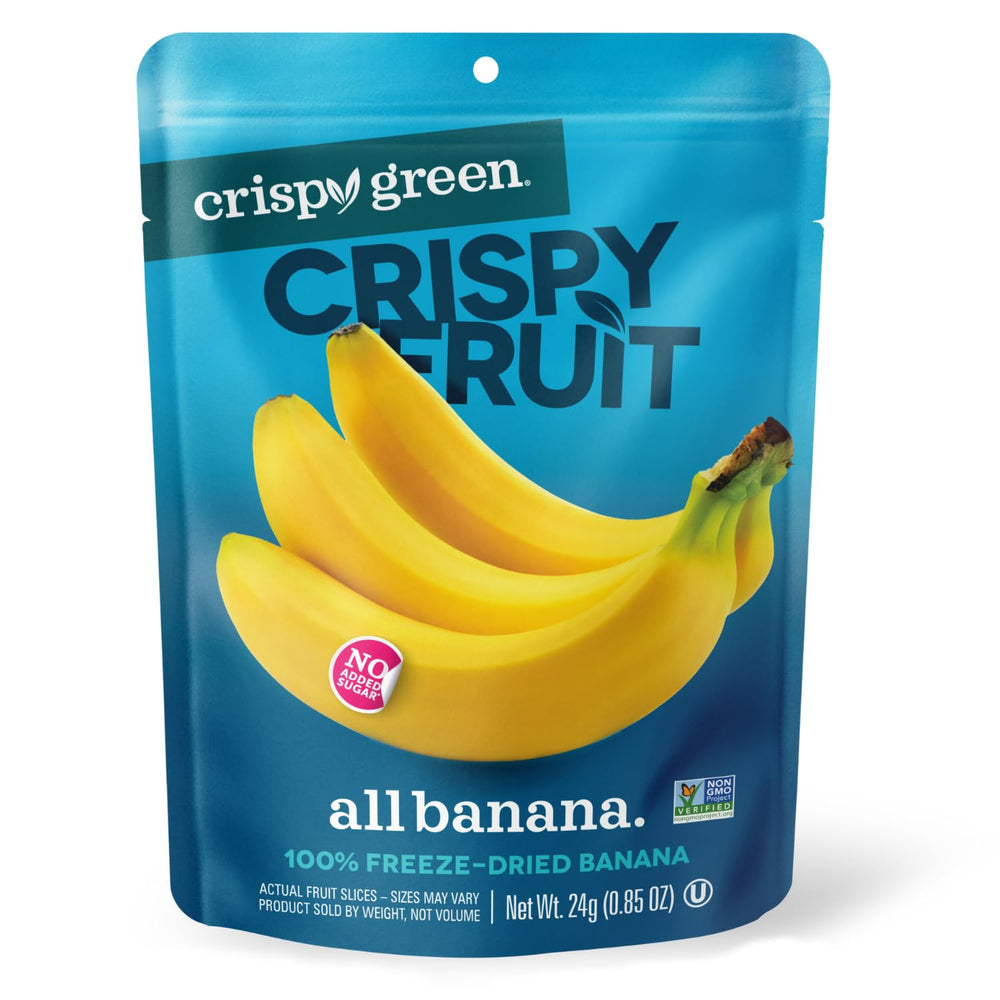 Crispy Green freeze-dried banana bag shows light, crispy snacking.