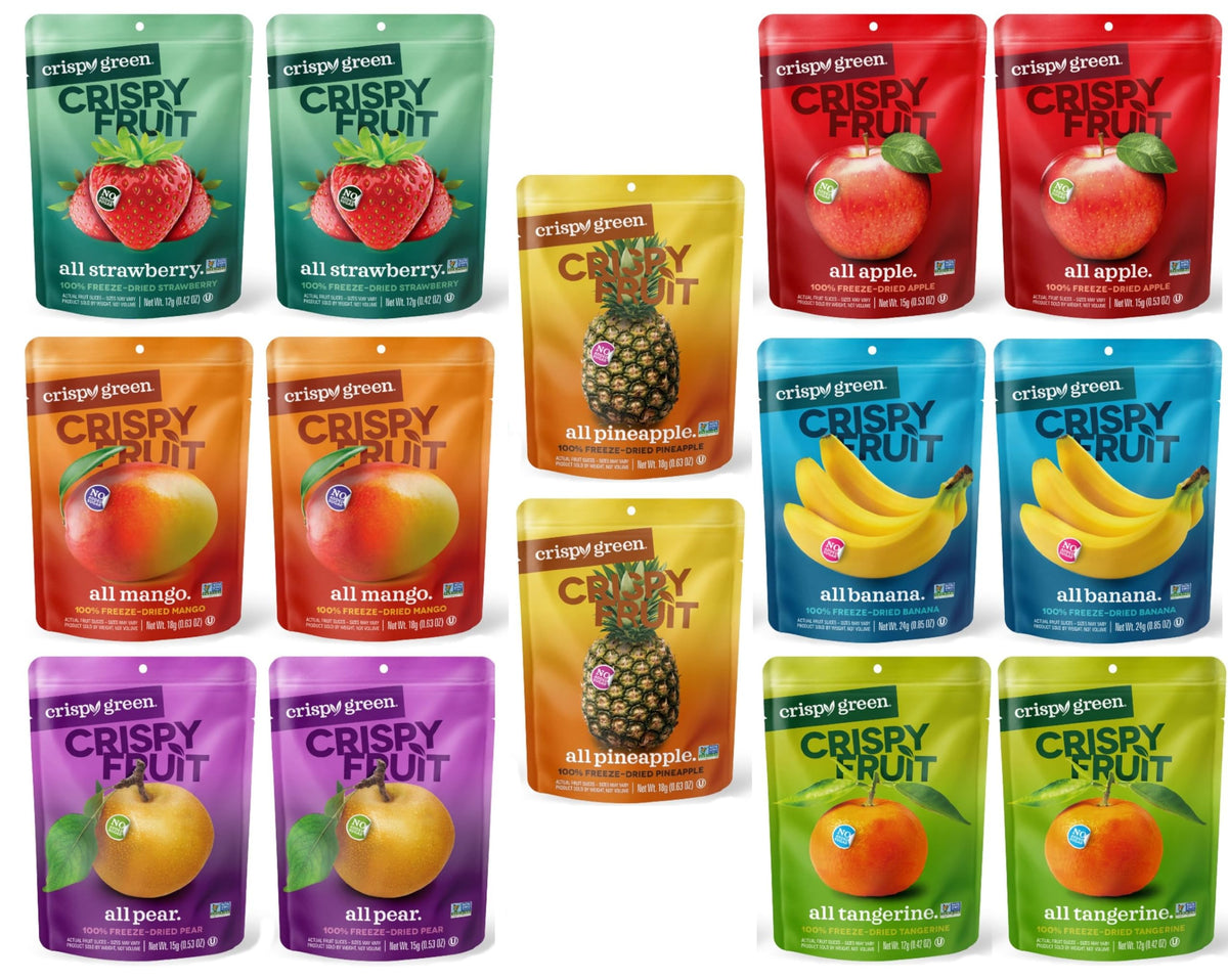 Crispy Green freeze-dried fruit crisps variety pack with Apple for a quick on-the-go healthy snack