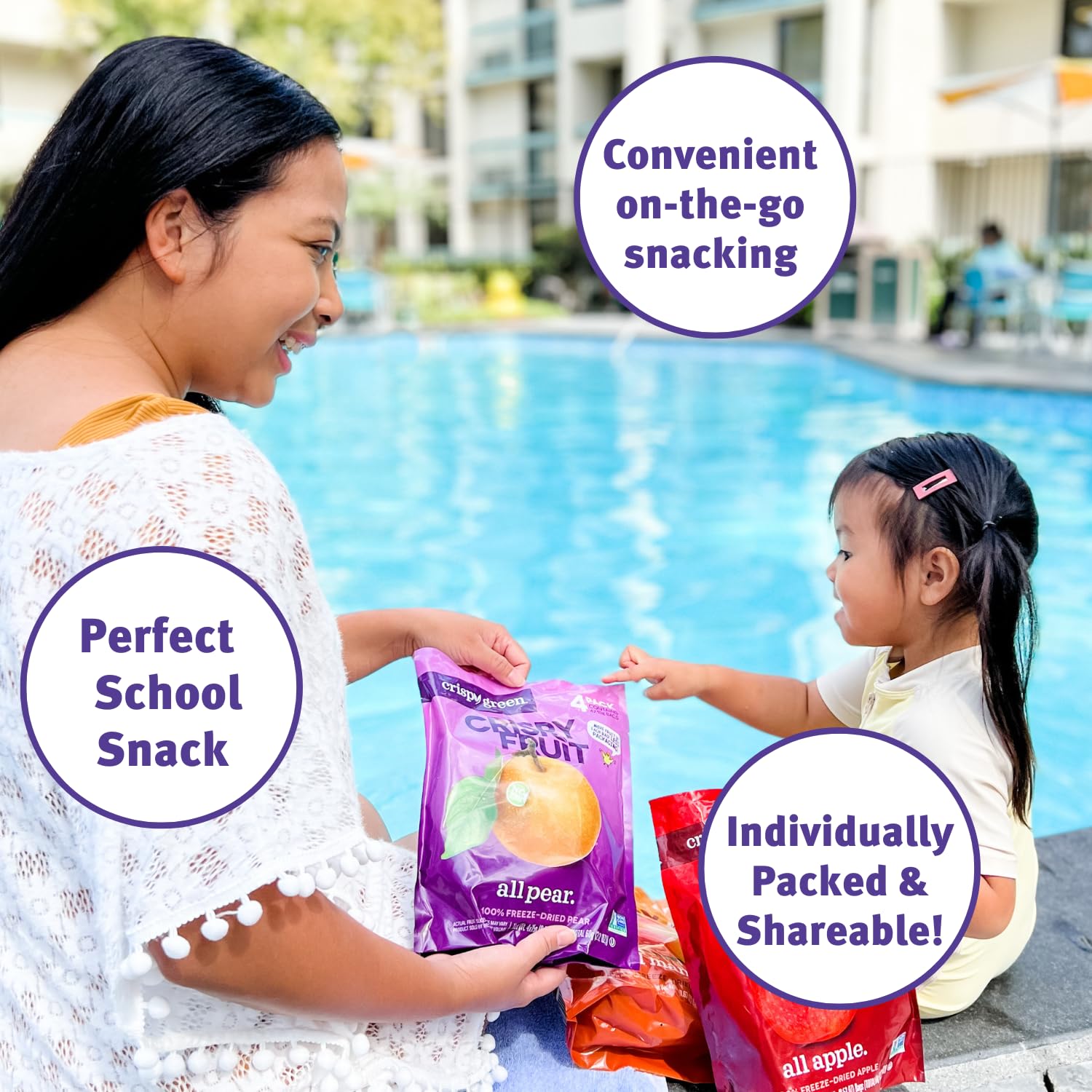 Crispy Green freeze-dried pears in bag emphasize mess-free, single-serve convenience.