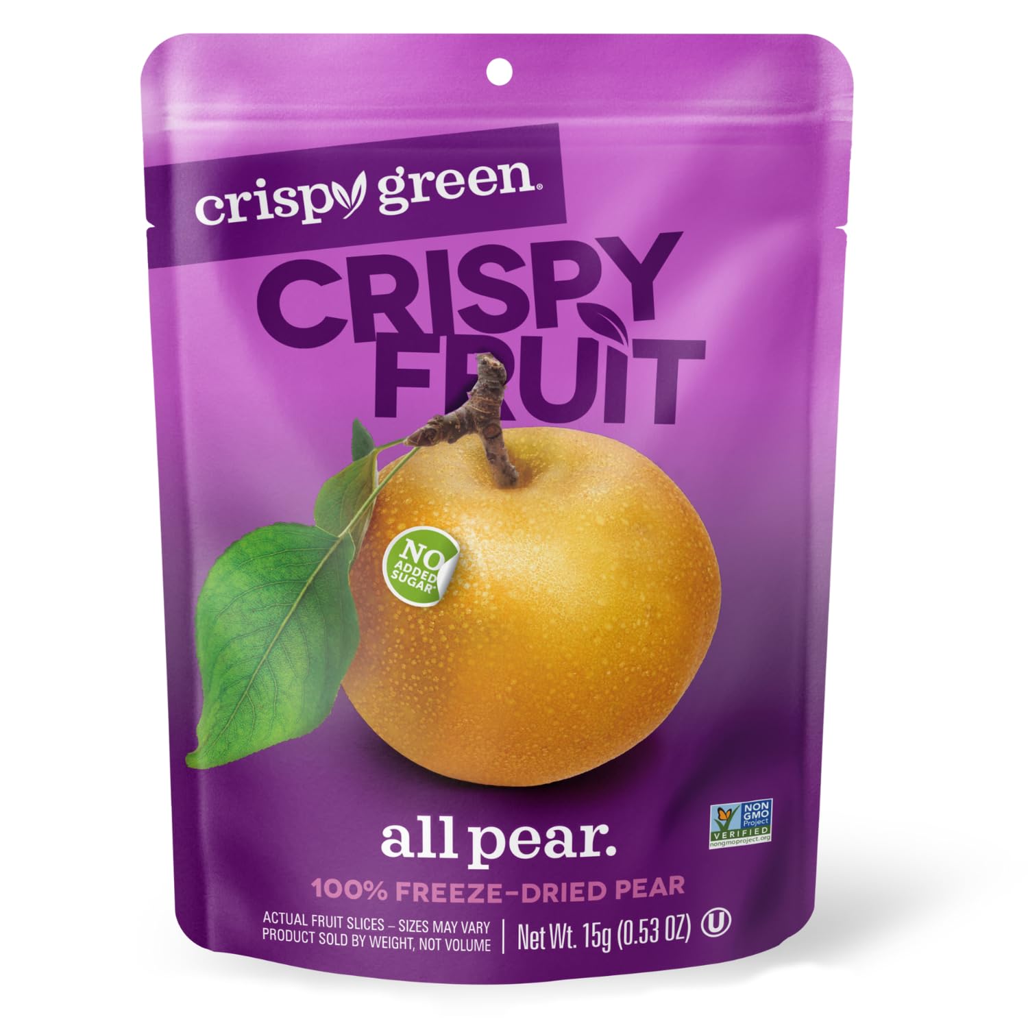 Crispy Green freeze-dried pear snacks in a 12-pack ideal for on-the-go snacking.