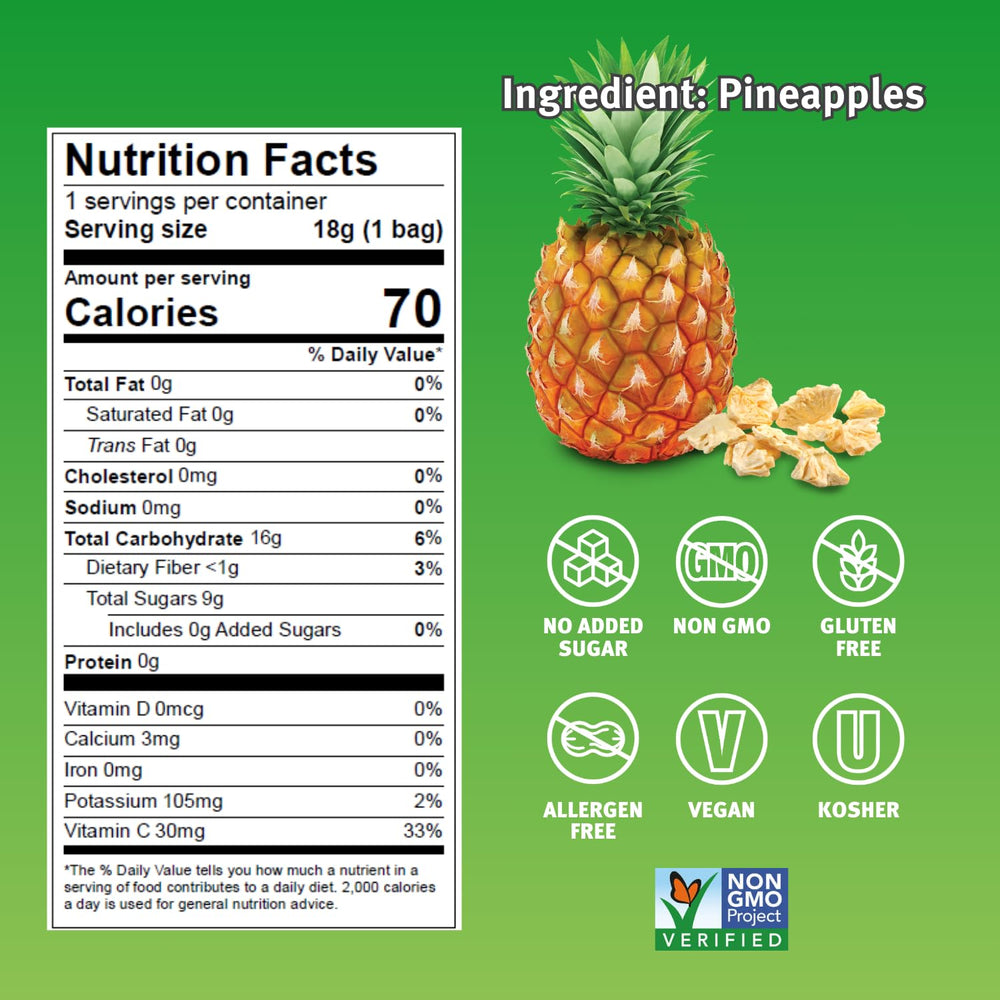 Crispy Green freeze-dried pineapple snacks single-serve bags for on-the-go snacking