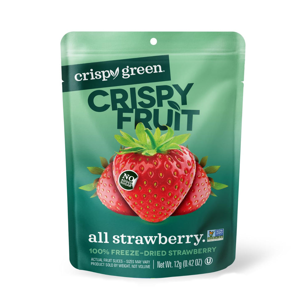 Crispy Green front-pack view of freeze-dried strawberry snack, convenient healthy treat.