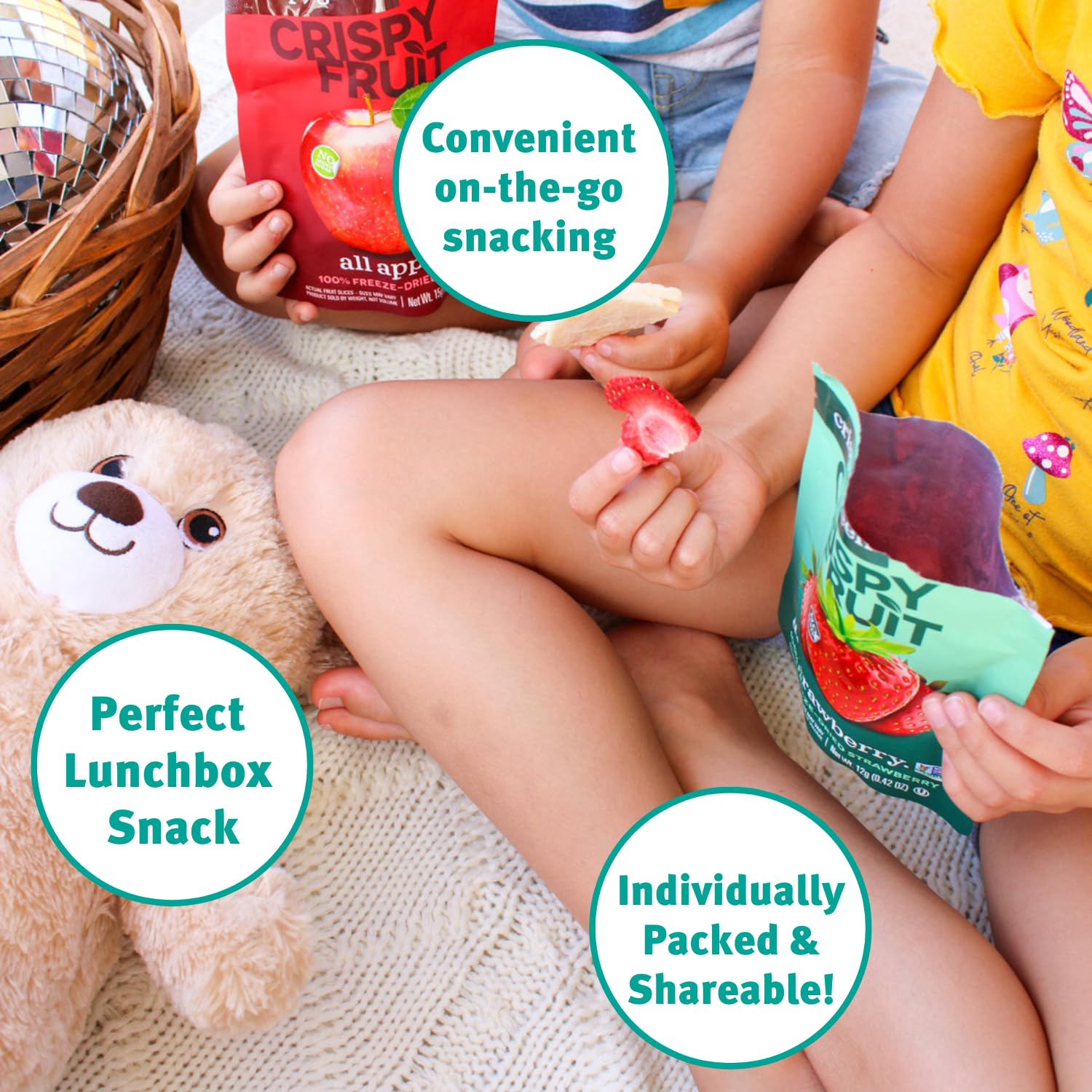 Crispy Green lunchbox-ready strawberry snack in school bag.